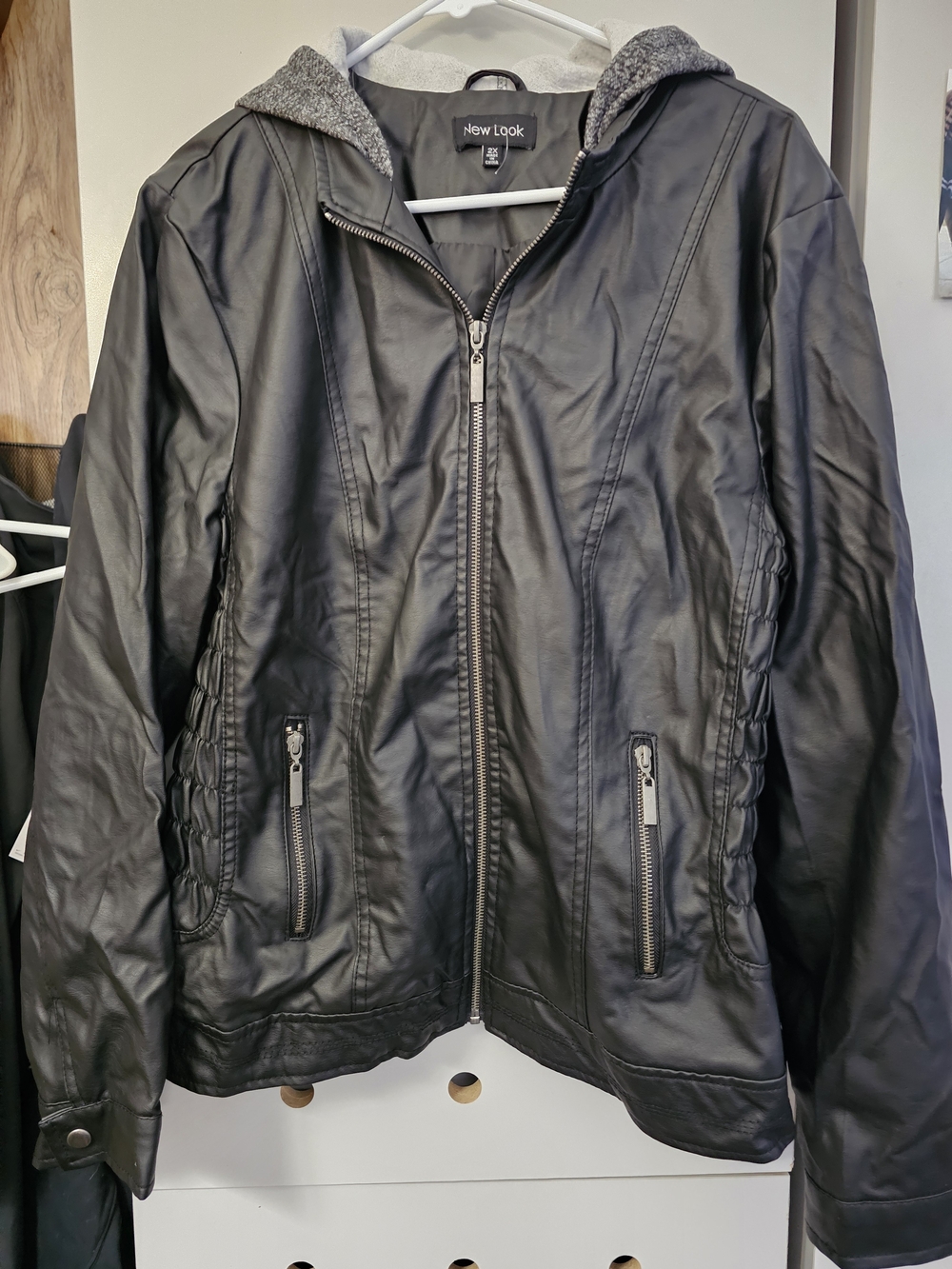 New Look Black Faux Leather Hooded Bomber-Style Jacket